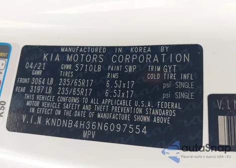 2022 Kia Carnival Mpv Lx Seat Package из США, поврежденный, VIN KNDNB4H36N6097554